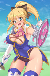 Rule 34 | 1girl, ass, blonde hair, boots, breasts, cassandra alexandra, cleavage, day, elbow gloves, gloves, gold trim, green eyes, highres, kihaiu, large breasts, namco, necktie, outdoors, panties, pink necktie, shield, short hair, solo, soul calibur, sword, thighhighs, underwear, weapon