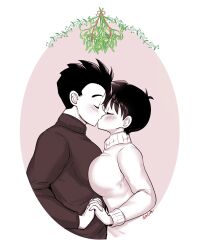 Rule 34 | 1boy, 1girl, black hair, blush, breast press, breasts, couple, dragonball z, hetero, holding hands, husband and wife, kiss, son gohan, sweater, videl