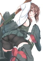 Rule 34 | 10s, 1girl, absurdres, armpits, ass, bike shorts, bow (weapon), breasts, brown eyes, brown hair, cameltoe, crossbow, flight deck, hair between eyes, headband, headgear, highres, kantai collection, looking at viewer, looking back, machinery, muneate, nebusoku, pleated skirt, see-through, short hair, sideboob, skindentation, skirt, small breasts, solo, taihou (kancolle), thighs, weapon