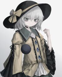 Rule 34 | 1girl, adapted costume, arm at side, bags under eyes, black choker, black hat, bow, buttons, center frills, choker, closed mouth, commentary, diamond button, frilled shirt collar, frilled sleeves, frills, grey eyes, grey hair, hand up, hat, hat bow, hat ribbon, highres, komeiji koishi, looking at viewer, medium hair, reverinth, ribbon, shirt, smile, solo, sweatdrop, symbol-only commentary, third eye, touhou, wavy mouth, wide sleeves, yellow shirt