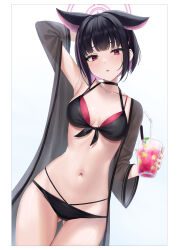 Rule 34 | 1girl, absurdres, alternate costume, animal ears, arm behind head, arm up, armpits, bikini, black bikini, black hair, black robe, blue archive, breasts, cat ears, collarbone, colored inner hair, cowboy shot, cup, drink, drinking straw, dutch angle, extra ears, front-tie top, gluteal fold, halo, halterneck, highres, holding, holding cup, kazusa (blue archive), looking at viewer, medium breasts, multi-strapped bikini, multicolored hair, navel, pink hair, rama (yu-light8), robe, see-through, short hair, sidelocks, simple background, single bare shoulder, solo, stomach, swimsuit, thighs, two-tone bikini, two-tone hair, white background