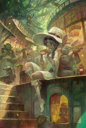Rule 34 | absurdres, animal, animal ears, awning, bald, bandaged arm, bandages, bird, black hair, boots, bottle, braid, bread, bread slice, cigarette, closed eyes, colored skin, crow, dress, drinking, eating, eyepatch, fairy, fantasy, food, furry, glasses, gloves, green eyes, green skin, hair over one eye, hair over shoulder, hat, high heel boots, high heels, highres, horns, hot dog, knee boots, lack, lantern, long hair, monkey, multiple boys, multiple girls, ogre, original, outdoors, overalls, paper lantern, pince-nez, rabbit, rabbit ears, restaurant, skewer, smoke, smoking, snake, stairs, toast, tree, white dress, white footwear, white hat, white witch (lack), wide sleeves, witch hat