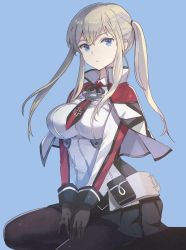 Rule 34 | 1girl, black gloves, black pantyhose, black skirt, blonde hair, blue background, blue eyes, breasts, capelet, closed mouth, cross, gloves, graf zeppelin (kancolle), iron cross, kantai collection, kasumi (skchkko), large breasts, long hair, long sleeves, military, military uniform, necktie, pantyhose, pleated skirt, pouch, sidelocks, simple background, sitting, skirt, solo, twintails, uniform