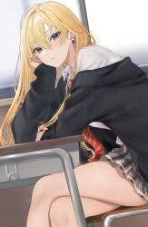 Rule 34 | 1girl, black jacket, blonde hair, chair, closed mouth, collared shirt, commentary request, crossed legs, desk, diagonal-striped clothes, diagonal-striped necktie, ear piercing, earrings, feet out of frame, grey eyes, grey skirt, hair between eyes, hamu (plot sy), jacket, jewelry, long hair, long sleeves, looking at viewer, necktie, off shoulder, open clothes, open jacket, original, piercing, plaid, plaid skirt, pleated skirt, puffy long sleeves, puffy sleeves, red necktie, school chair, school desk, school uniform, shirt, skirt, sleeves past wrists, solo, striped clothes, thighs, very long hair, white shirt, window