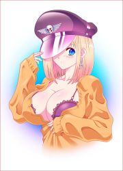 Rule 34 | artist request, blonde hair, blue eyes, blush, bra, breasts, chain, cleavage, earrings, gradient hair, hat, highres, huge breasts, jewelry, lingerie, multicolored hair, non-web source, open clothes, open shirt, self-upload, shirt, skull, solo, source request, sweater, underwear