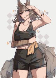 Rule 34 | 1girl, absurdres, animal ears, arknights, ashlock (arknights), bandaged arm, bandages, bandaid, bandaid on arm, bare shoulders, black shorts, black tank top, blush, breasts, cleavage, clenched teeth, collarbone, commentary, cowboy shot, gradient background, grey eyes, grey hair, highres, large breasts, looking at viewer, material growth, midriff, navel, oripathy lesion (arknights), parted lips, scar, short hair, shorts, solo, squirrel ears, squirrel girl, squirrel tail, sweat, tail, tank top, teeth, togekk0