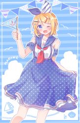 Rule 34 | 1girl, absurdres, alternate costume, anchor print, arm cuffs, bare shoulders, bird, blonde hair, blue bow, blue eyes, blue skirt, blush, boat, bow, clam, cloud, collar, commentary, dress, fang, feet out of frame, flag, framed breasts, frilled collar, frilled skirt, frills, hair bow, hair ornament, hairclip, highres, holding, holding clothes, holding dress, holding flag, kagamine rin, neckerchief, one eye closed, open mouth, polka dot, polka dot skirt, red neckerchief, sailboat, sailor collar, seagull, short hair, skirt, smile, solo, standing, string of flags, striped, striped background, striped bow, swept bangs, tatibanamarin, vocaloid, watercraft, white bow