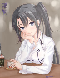 Rule 34 | 10s, 1girl, alcohol, black hair, blush, breast rest, breasts, cup, dress shirt, grey eyes, jack (slaintheva), kantai collection, long hair, looking at viewer, medium breasts, nachi (kancolle), nachi kai ni (kancolle), open mouth, shirt, side ponytail, smile, solo, table, upper body