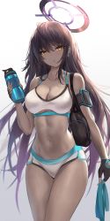 Rule 34 | 1girl, :o, absurdres, ahoge, airpods, bag, bare shoulders, black gloves, blue archive, blush, breasts, brown hair, cleavage, clothing cutout, collarbone, cowboy shot, dark-skinned female, dark skin, fingerless gloves, gloves, gradient background, gradient hair, halo, highres, holding, holding towel, karin (blue archive), large breasts, long hair, looking at viewer, multicolored hair, navel, parted lips, pdxen, purple hair, shorts, shoulder bag, solo, sports bra, stomach, thighs, towel, underboob, underboob cutout, very long hair, white background, wireless earphones, yellow eyes