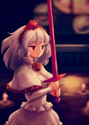 Rule 34 | 1girl, candle, colored skin, dazed, dress, fennel (momodora), flower, hairband, holding, holding sword, holding weapon, long hair, makaroll, md5 mismatch, momodora: reverie under the moonlight, princess, red eyes, rose, short sword, solo, stain, stained glass, sword, weapon, white dress, white hair, white skin