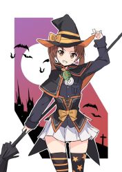 Rule 34 | 1girl, adapted costume, adjusting clothes, adjusting headwear, arm up, arnagle, asymmetrical legwear, black capelet, black hat, black thighhighs, blue jacket, bow, broom, brown eyes, brown hair, capelet, castle, commentary, cowboy shot, full moon, girls und panzer, grin, halloween, halloween costume, hat, hat bow, holding, holding broom, jacket, kadotani anzu, long hair, long sleeves, looking at viewer, military, military uniform, miniskirt, mismatched legwear, moon, ooarai military uniform, orange bow, outline, parted bangs, pleated skirt, print thighhighs, purple sky, skirt, sky, smile, solo, standing, star (symbol), star print, striped clothes, striped thighhighs, thighhighs, twintails, underbust, uniform, white outline, white skirt, witch, witch hat