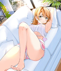 Rule 34 | 1girl, armpits, bare legs, barefoot, breasts, brown eyes, brown hair, couch, covered erect nipples, curtains, cushion, highres, indoors, isshiki iroha, leaf, looking at viewer, lying, medium breasts, midriff peek, nonbire, on back, pink shorts, plant, shirt, short hair, short shorts, shorts, sleeveless, sleeveless shirt, solo, thighs, toes, white shirt, window, yahari ore no seishun lovecome wa machigatteiru.