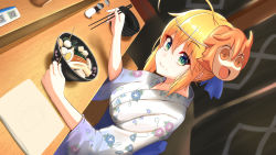 Rule 34 | 1girl, ahoge, artoria pendragon (all), artoria pendragon (fate), blonde hair, blush, bowl, breasts, chopsticks, closed mouth, commentary request, dutch angle, eating, fate/grand order, fate/stay night, fate (series), floral print, food, food on face, food request, fujimaru ritsuka (female), green eyes, hair bun, highres, japanese clothes, kimono, looking at viewer, mask, mask on head, medium breasts, nabe, napkin, nekoda (maoda), official alternate costume, pepper shaker, riyo (lyomsnpmp) (style), saber (fate), saber (leisurely strolling) (fate), salt shaker, single hair bun, sitting, solo, wide sleeves