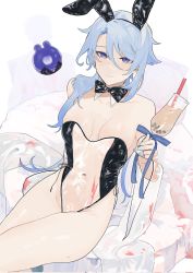 Rule 34 | 1girl, alternate costume, black bow, black bowtie, blue hair, blue ribbon, bow, bowtie, breasts, bubble tea, closed mouth, cup, detached sleeves, genderswap, genderswap (mtf), genshin impact, highres, holding, holding cup, kamisato ayato, leotard, long hair, medium breasts, meme attire, mole, mole under mouth, playboy bunny, purple eyes, ribbon, see-through, see-through leotard, see-through sleeves, seelie (genshin impact), silhouette, simple background, sitting, tabibitowayo, traditional bowtie, translucent bunnysuit