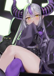 Rule 34 | 1girl, ahoge, bird, blush, chair, coat, commentary request, crossed legs, crow, crow (la+ darknesss), fang, grey hair, hand up, highres, hololive, holox, horns, kanzarin, la+ darknesss, light brown hair, long hair, long sleeves, looking at viewer, multicolored hair, open mouth, pointy ears, purple coat, purple thighhighs, sidelocks, single thighhigh, sitting, skin fang, sleeves past fingers, sleeves past wrists, solo, streaked hair, striped horns, thighhighs, thighs, virtual youtuber, yellow eyes