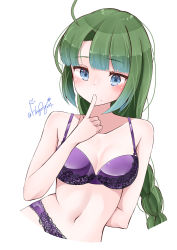 Rule 34 | 1girl, absurdres, ahoge, arm behind back, blue eyes, blush, bra, braid, breasts, cropped torso, finger to mouth, green hair, haggy, highres, index finger raised, kantai collection, lingerie, long hair, medium breasts, mole, mole under mouth, panties, purple bra, purple panties, simple background, single braid, solo, twitter username, underwear, white background, yuugumo (kancolle)