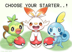 Rule 34 | :d, black eyes, blue eyes, commentary, creatures (company), diamond mouth, english commentary, english text, game freak, gen 8 pokemon, gradient background, grass, green background, grookey, highres, mono land, nintendo, no humans, open mouth, poke ball, poke ball (basic), pokemon, pokemon (creature), red eyes, round teeth, scorbunny, smile, sobble, starter pokemon trio, teeth, upper teeth only, white background