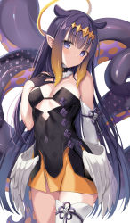 Rule 34 | 1girl, bare shoulders, black dress, black gloves, blue eyes, blunt bangs, blush, breasts, collarbone, commentary, cowboy shot, detached sleeves, dress, gloves, halo, hand on own chest, harimoji, highres, hololive, hololive english, long hair, looking at viewer, low wings, medium breasts, mole, mole under eye, ninomae ina&#039;nis, ninomae ina&#039;nis (1st costume), pointy ears, purple eyes, purple hair, single thighhigh, solo, strapless, strapless dress, tentacle hair, tentacles, thighhighs, very long hair, virtual youtuber, white thighhighs, white wings, wings, zettai ryouiki