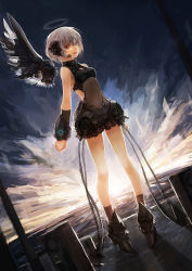 Rule 34 | 1girl, angel, bare shoulders, bryanth, detached wings, halo, highres, open mouth, original, red eyes, short hair, silver hair, smile, solo, sunrise, wings