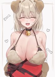 Rule 34 | 1girl, animal ears, bell, bikini, biya (1024), bone, box, breasts, cleavage, closed eyes, commentary, dog ears, dog girl, english commentary, heart-shaped box, highres, jingle bell, large breasts, neck bell, open mouth, original, simple background, smile, solo, sweat, swimsuit, upper body, white background