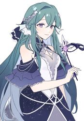 Rule 34 | 1girl, blue dress, blue nails, cendrillon (vocaloid), commentary, detached sleeves, dress, finana ryugu, green hair, halterneck, holding, holding mask, layered sleeves, long hair, mask, masquerade mask, multicolored clothes, multicolored dress, nijisanji, nijisanji en, purple eyes, simple background, smile, solo, symbol-only commentary, very long hair, virtual youtuber, white background, white dress, yc pog
