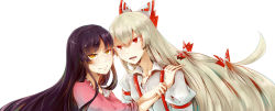 2girls aili_(aliceandoz) armband black_hair bow cigarette dress_shirt fujiwara_no_mokou hair_bow hair_ribbon hand_on_another&#039;s_shoulder houraisan_kaguya japanese_clothes long_hair long_sleeves multiple_girls open_mouth red_eyes ribbon shirt simple_background smile suspenders touhou tress_ribbon upper_body very_long_hair white_background white_hair white_shirt yellow_eyes