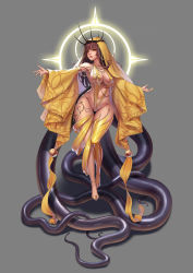 Rule 34 | 1girl, absurdres, anklet, armlet, ass, breasts, chain, contrapposto, crown of thorns, cthulhu mythos, curvy, detached sleeves, eyeshadow, full body, genderswap, genderswap (mtf), glitter, gold, halo, hastur, high heels, highres, hook, jewelry, large breasts, lips, long hair, looking at viewer, makeup, nail polish, navel, necklace, one-piece swimsuit, orange eyes, revealing clothes, rhasta, shoes, single thighhigh, skindentation, slingshot swimsuit, solo, standing, swimsuit, tentacles, thighhighs, veil, wide hips, wide sleeves, yellow footwear, yellow nails, yellow one-piece swimsuit, yellow sleeves, yellow thighhighs