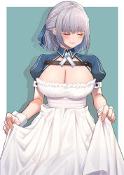 Rule 34 | 1girl, alternate costume, apron, aqua background, border, braid, breasts, cleavage, crown braid, curtsey, enmaided, closed eyes, hair ribbon, highres, hololive, large breasts, maid, maid apron, mikan (chipstar182), mole, mole on breast, ribbon, shirogane noel, short hair, short sleeves, silver hair, simple background, skirt hold, smile, solo, virtual youtuber, wrist cuffs