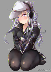 Rule 34 | 1girl, alternate costume, black pantyhose, blue eyes, blush, breasts, camouflage, camouflage jacket, chromatic aberration, closed mouth, commentary request, flat cap, grey background, hair between eyes, half-closed eyes, hammer and sickle, hat, headphones, headphones over headwear, hibiki (kancolle), hood, hood down, hooded jacket, jacket, juurouta, kantai collection, long hair, long sleeves, looking away, looking to the side, no shoes, pantyhose, red star, shy, silver hair, simple background, sitting, small breasts, solo, star (symbol), thick thighs, thighs, v arms, verniy (kancolle), wariza, white hat, winter clothes