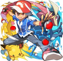 Rule 34 | &gt;:d, 1boy, :d, ash ketchum, bad id, bad pixiv id, black hair, creatures (company), fingerless gloves, game freak, gen 1 pokemon, gen 6 pokemon, gloves, greninja, hair between eyes, hat, layered clothes, leg up, looking at viewer, male focus, nintendo, open mouth, outstretched arms, pants, pikachu, poke ball, poke ball (basic), pokemon, pokemon (anime), pokemon (creature), red eyes, saitou naoki, shoes, short hair, short sleeves, smile, sneakers, spread arms, tongue, v-shaped eyebrows