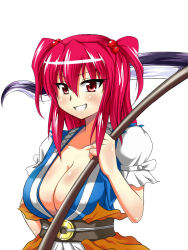 Rule 34 | 1girl, bad id, bad pixiv id, blush, breasts, cleavage, collarbone, grin, hair bobbles, hair ornament, highres, japanese clothes, large breasts, long hair, looking at viewer, onozuka komachi, over shoulder, puffy short sleeves, puffy sleeves, red eyes, red hair, scythe, short sleeves, smile, solo, touhou, try (lsc), tsurime, twintails, two side up, upper body, weapon, weapon over shoulder, white background