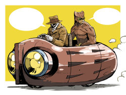 Rule 34 | 2boys, cape, car, coat, commentary request, dc comics, driving, fedora, gloves, goggles, hat, looking away, mahito (tranjistor), male focus, mask, motor vehicle, multiple boys, nite owl, parody, partial commentary, photoshop (medium), rorschach, sitting, smile, speech bubble, superhero costume, three-wheeler, trench coat, vehicle, vehicle focus, watchmen