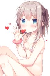 Rule 34 | 1girl, bikini, blue eyes, blush, bracelet, breasts, brown hair, collarbone, commentary request, fingernails, food, fruit, hair between eyes, hand up, heart, hisagi (puchimaple), holding, holding food, holding fruit, jewelry, long hair, looking at viewer, medium breasts, micro bikini, original, parted lips, pink bikini, sitting, solo, strawberry, swimsuit, white background