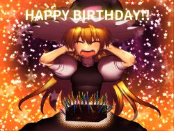 Rule 34 | 1girl, black dress, blonde hair, bow, breasts, brownie (food), candle, chin coropon, closed eyes, commentary request, cookie (touhou), cowboy shot, dress, fire, fire, fudge, hair between eyes, hands on own head, happy birthday, hat, highres, kirisame marisa, long hair, medium breasts, open mouth, puffy short sleeves, puffy sleeves, purple bow, shirt, short sleeves, solo, star (symbol), touhou, turtleneck, uzuki (cookie), white shirt, witch hat