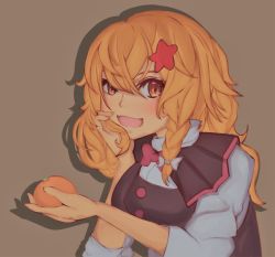 Rule 34 | 1girl, azusa (cookie), black vest, blonde hair, blush, bow, bowtie, braid, breasts, brown background, buttons, commentary request, cookie (touhou), food, fruit, hair between eyes, hair bow, hair ornament, head rest, highres, holding, holding food, holding fruit, kirisame marisa, long hair, looking at viewer, mandarin orange, medium breasts, mugi choko, open mouth, orange eyes, red bow, red bowtie, red star, shadow, shirt, single braid, smile, solo, star (symbol), star hair ornament, touhou, upper body, vest, white bow, white shirt