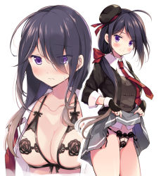 Rule 34 | 1girl, ariake (kancolle), black gloves, black headwear, blush, bra, breasts, cleavage, clothes lift, commentary request, eyes visible through hair, fingerless gloves, gloves, grey skirt, hair down, hair over shoulder, hair ribbon, hat, kantai collection, lace, lace-trimmed bra, lace-trimmed panties, lace trim, lifted by self, long hair, medium breasts, mini hat, multiple views, necktie, odawara hakone, panties, ponytail, purple eyes, red neckwear, ribbon, simple background, skirt, skirt lift, sweat, underwear, white background