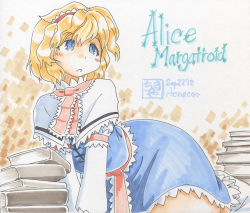 Rule 34 | 1girl, alice margatroid, aoneco, blonde hair, blue eyes, book, bow, capelet, dress, female focus, hairband, open mouth, ribbon, shikishi, short hair, solo, touhou, traditional media