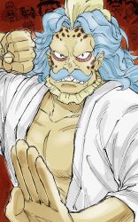 Rule 34 | 1boy, 2024, 26 tgw, beard stubble, belo betty, blue hair, cigarette, clenched teeth, commentary request, crown, dated, emporio ivankov, facial hair, facial tattoo, fish boy, glasses, hack (one piece), hat, highres, inazuma (one piece), incoming attack, japanese clothes, karasu (one piece), kimono, lindbergh (one piece), looking at viewer, male focus, monkey d. dragon, morley, mustache, one piece, red background, sharp teeth, stubble, tattoo, teeth, upper body, white kimono