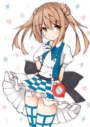 Rule 34 | 1girl, absurdres, blue bow, blush, bow, brown eyes, checkered clothes, checkered skirt, club (shape), collared shirt, commentary, diamond (shape), double bun, enemy lifebuoy (kancolle), frilled skirt, frills, gloves, hair between eyes, hair bun, hand up, heart, highres, ichi (ichi.colors), kantai collection, light brown hair, long hair, looking at viewer, michishio (kancolle), parted lips, puffy short sleeves, puffy sleeves, shirt, short sleeves, sidelocks, simple background, skirt, solo, spade (shape), symbol-only commentary, thighhighs, thighs, twintails, white background, white gloves, white shirt, white skirt