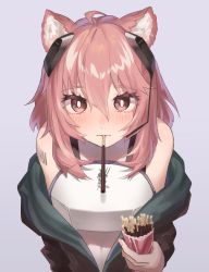 Rule 34 | 1girl, arknights, armor, barcode, barcode tattoo, black jacket, blush, breastplate, chicha (chi cha rigbo), earpiece, female focus, food, gravel (arknights), grey background, highres, holding, holding food, holding pocky, jacket, looking at viewer, medium hair, mouth hold, off shoulder, open clothes, open jacket, pink eyes, pink hair, pocky, simple background, solo, tattoo, upper body