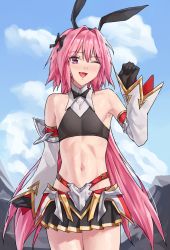 Rule 34 | 1boy, armor, armpits, astolfo (fate), astolfo (saber) (fate), bare shoulders, belt, black gloves, black shirt, black skirt, blush, bow, bowtie, crop top, crossdressing, detached sleeves, elbow gloves, fate/grand order, fate (series), faulds, gloves, hair bow, hair intakes, hair ribbon, long hair, looking at viewer, low twintails, midriff, multicolored hair, navel, open mouth, pink hair, purple eyes, ribbon, sarhce, shirt, skirt, smile, solo, streaked hair, thighs, trap, twintails, white hair, wide sleeves