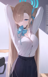 Rule 34 | 1girl, absurdres, arms behind head, asuna (blue archive), asymmetrical bangs, bed, black bag, black choker, black skirt, blue archive, blue bow, blue bowtie, blue eyes, blue halo, blue ribbon, bow, bowtie, bowtie in mouth, breasts, button gap, choker, cleavage, collarbone, collared shirt, dress shirt, hair intakes, hair over one eye, hair ribbon, halo, high-waist skirt, highres, indoors, large breasts, light brown hair, light particles, long hair, looking down, pencil skirt, pillow, ribbon, shirt, sidelocks, skirt, sunlight, tying hair, unworn bowtie, very long hair, white shirt, wooden floor, yuuki02