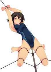 Rule 34 | 1girl, armpits, barefoot, bdsm, black hair, blue one-piece swimsuit, blush, bondage, bound, bound wrists, competition swimsuit, dildo, f-ism, feet, frogtie, hair between eyes, highres, murakami suigun, object insertion, one-piece swimsuit, original, rope, sex toy, shibari, short hair, simple background, solo, spread toes, swimsuit, tears, thighs, through clothes, toes, white background