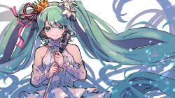 Rule 34 | 1girl, absurdly long hair, absurdres, closed mouth, crown, detached sleeves, dress, floating hair, flower, green eyes, green hair, hair between eyes, hair flower, hair ornament, hair ribbon, hatsune miku, highres, holding, holding microphone, katorea, long hair, long sleeves, microphone, pink ribbon, ribbon, see-through, see-through sleeves, sleeveless, sleeveless dress, smile, solo, twintails, very long hair, vocaloid, white background, white dress, white flower, white sleeves