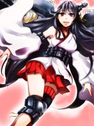 Rule 34 | 10s, 1girl, bare shoulders, black hair, blush, breasts, cannon, detached sleeves, fusou (kancolle), hair ornament, japanese clothes, kachirou, kantai collection, long hair, nontraditional miko, open mouth, personification, red eyes, skirt, smile, solo, turret