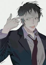 Rule 34 | 1boy, adachi tooru, black hair, black jacket, collared shirt, commentary request, finger to face, frown, furrowed brow, grey background, grey eyes, grey shirt, hand up, jacket, kaninn, long sleeves, looking at viewer, male focus, necktie, open mouth, persona, persona 4, pointing, red necktie, shirt, short hair, simple background, solo, tongue, tongue out, twitter username, upper body