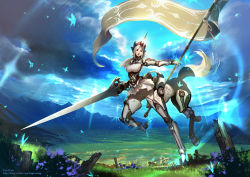 Rule 34 | 1girl, absurdres, armor, armored boots, banner, blue eyes, boots, brown hair, bug, butterfly, centaur, centaur knight, couter, field, flag, flagpole, flower, full armor, gauntlets, grass, highres, holding, huge weapon, insect, len brew, looking at viewer, meadow, monster girl, mountain, open mouth, short hair, silver hair, solo, standard bearer, sword, taur, weapon