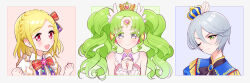 Rule 34 | 3girls, :d, blonde hair, closed mouth, colored eyelashes, cropped torso, crown, detached collar, falulu, forehead jewel, green eyes, green hair, grey eyes, grey hair, hair between eyes, hands up, headphones, idol clothes, long hair, looking at viewer, midorikaze fuwari, mini crown, multiple girls, one eye closed, open mouth, oshiri (o4ritarou), own hands together, parted bangs, pink eyes, pretty series, pripara, reverse trap, shikyoin hibiki, short hair, smile, twintails, upper body, wing hair ornament