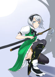 Rule 34 | 1girl, alternate footwear, black footwear, black thighhighs, blue eyes, bob cut, boots, bow, collared shirt, green skirt, green vest, hairband, high heel boots, high heels, highres, holding, holding sword, holding weapon, hoshara, konpaku youmu, looking at viewer, puffy short sleeves, puffy sleeves, ribbon, scabbard, serious, shadow, sheath, sheathed, shirt, short hair, short sleeves, silver hair, skirt, skirt set, solo, squatting, sword, thighhighs, touhou, vest, weapon, white shirt, wind