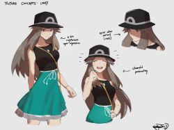 Rule 34 | 1girl, aged up, arrow (symbol), bag, bare arms, black headwear, brown eyes, brown hair, character name, clenched hand, closed eyes, closed mouth, commentary, creatures (company), english text, eyelashes, game freak, green skirt, hand up, hat, hazel0217, highres, leaf (pokemon), long hair, multiple views, nintendo, open mouth, pokemon, pokemon frlg, shirt, shoulder bag, signature, sketch, skirt, sleeveless, sleeveless shirt, smile, teeth, tongue, yellow bag